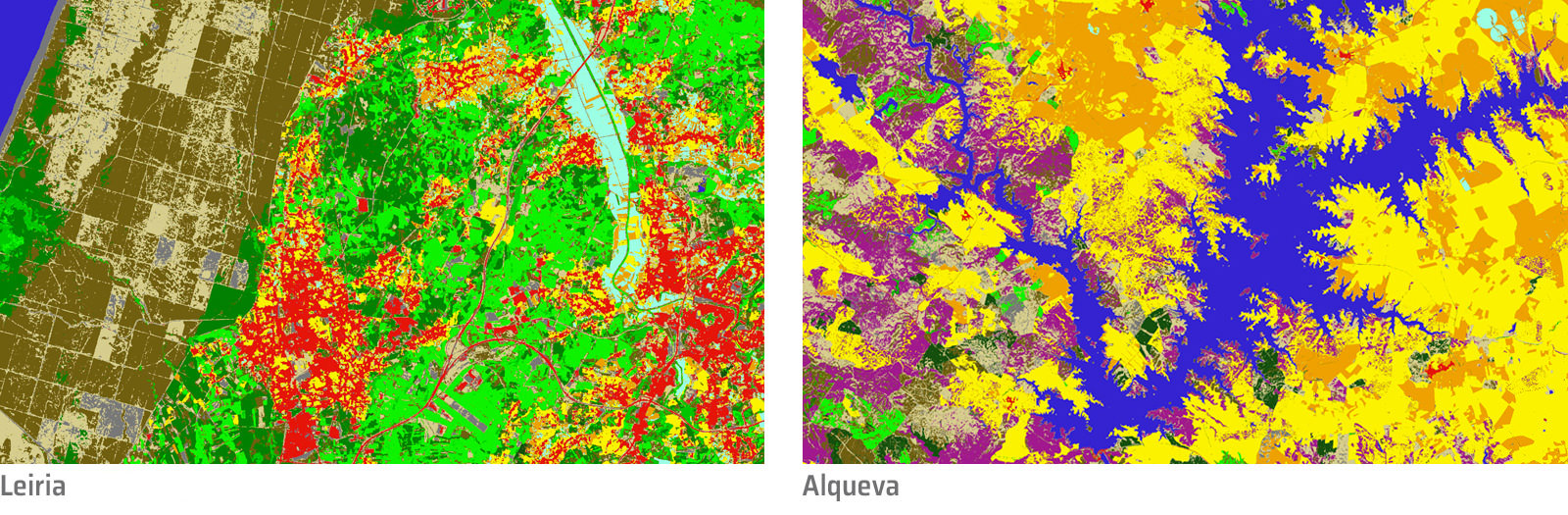 Cartas representando a ocupação do solo em 2021, à esquerda Leiria e à direita o Alqueva — COSc2021